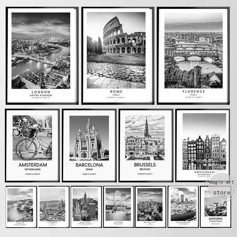 City Travel Poster – Black & White Landmark Wall Art Print for Home Decor