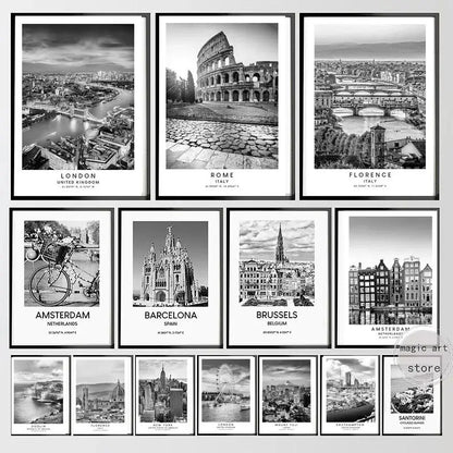 City Travel Poster – Black & White Landmark Wall Art Print for Home Decor