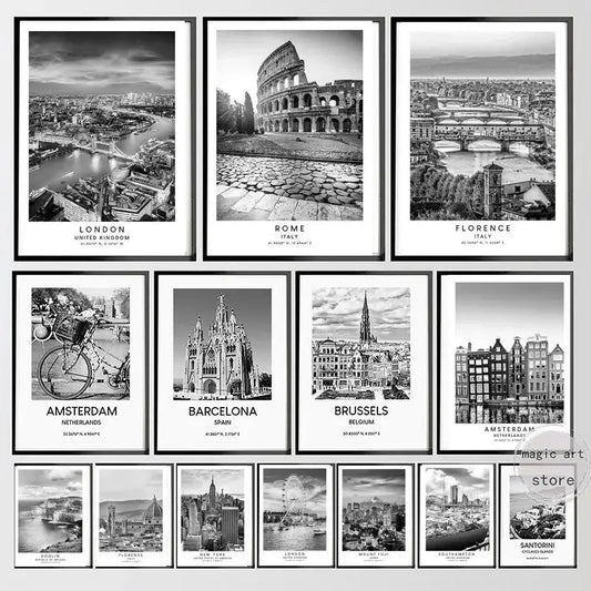 City Travel Poster – Black & White Landmark Wall Art Print for Home Decor