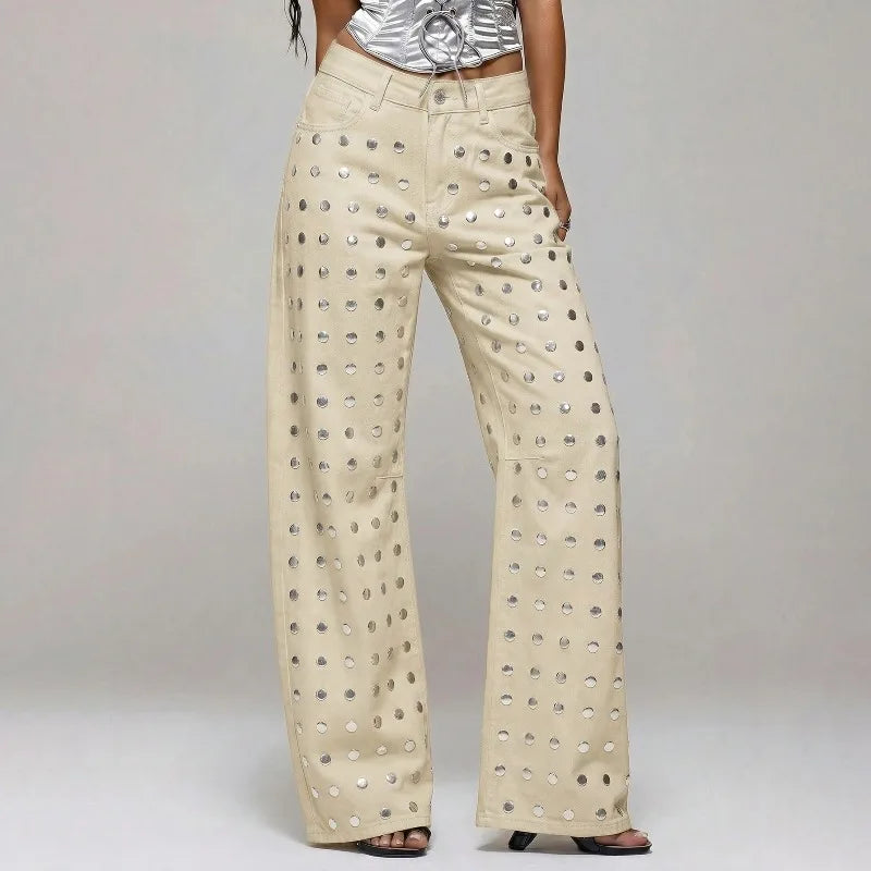 Mirror Rivet Baggy Straight-Leg Jeans – Y2K Mid-Waist Women's Trousers