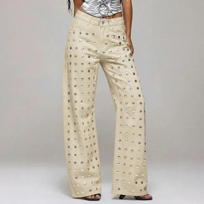 Mirror Rivet Baggy Straight-Leg Jeans – Y2K Mid-Waist Women's Trousers