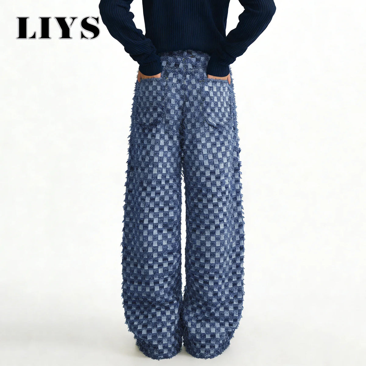 Checkerboard Jacquard Baggy Wide Leg Jeans – Korean Style