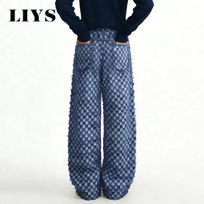 Checkerboard Jacquard Baggy Wide Leg Jeans – Korean Style