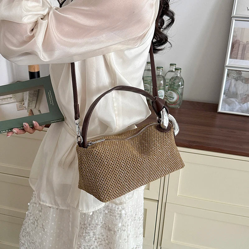 Straw Shoulder Bag for Women – Vintage Woven Crossbody Handbag