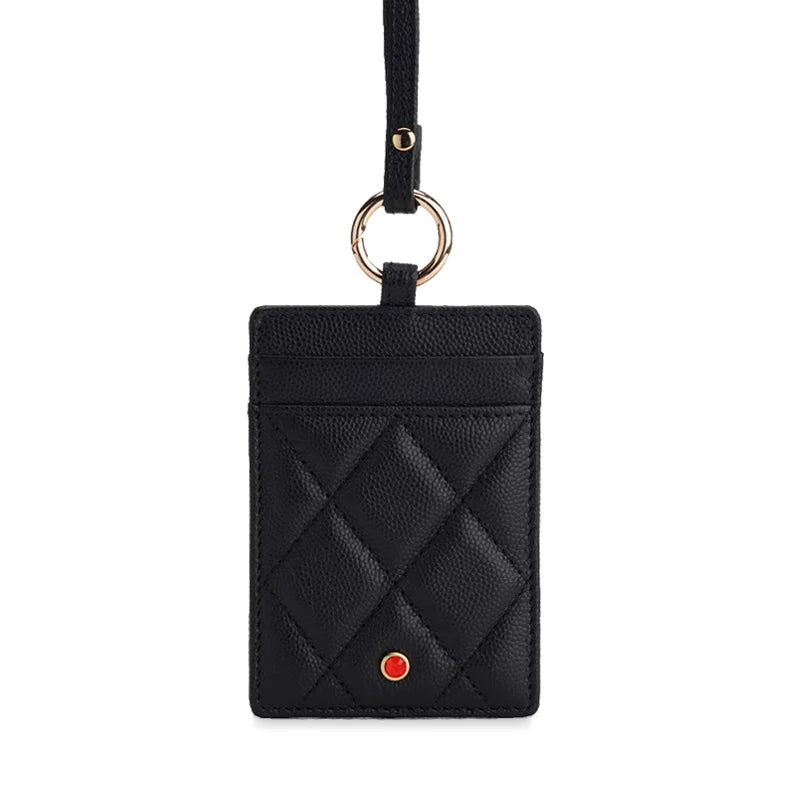 Hiram Beron Luxury Leather ID Card Holder with Neck Strap & Gemstone