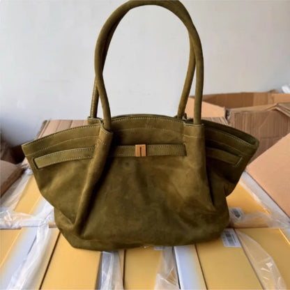 Retro Faux Suede Matte Tote Bag Women Ruffled Large Capacity