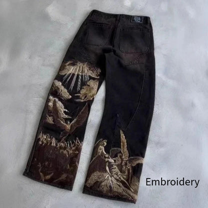 Mens Jeans Harajuku Y2k Streetwear Heavy Angel Embroidery Patchwork Washed Denim Pants Straight Leg