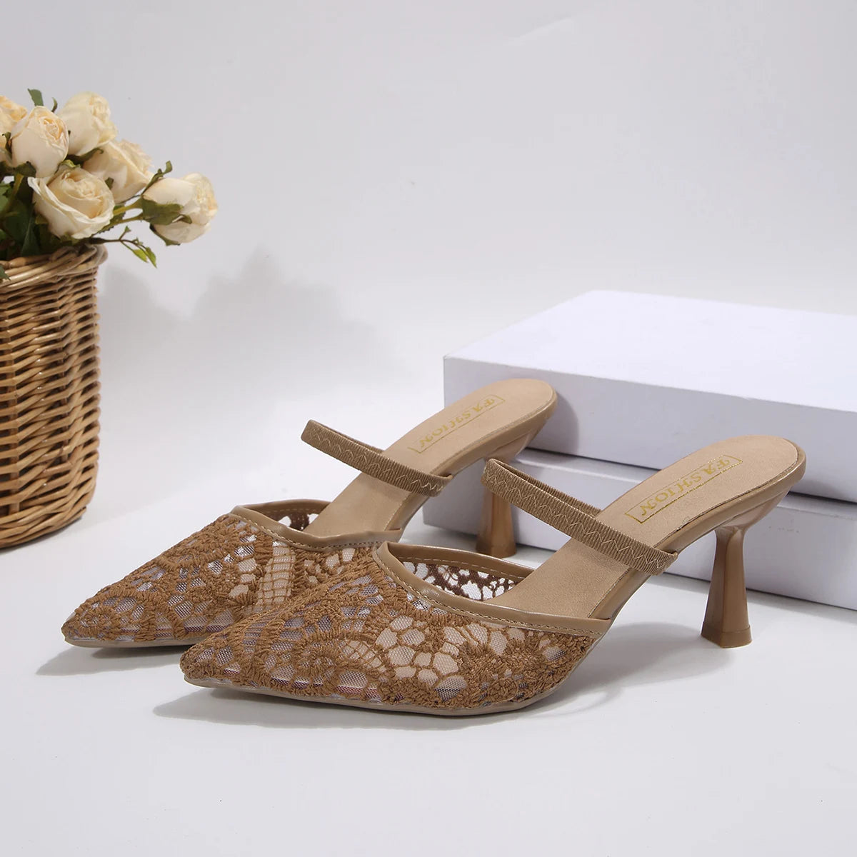 Lace Pointed Toe Mule Heels – Women's Stiletto Slingback Shoes