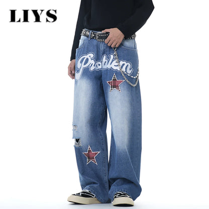 Men's Embroidered Ripped Baggy Wide Leg Jeans – Skate Style