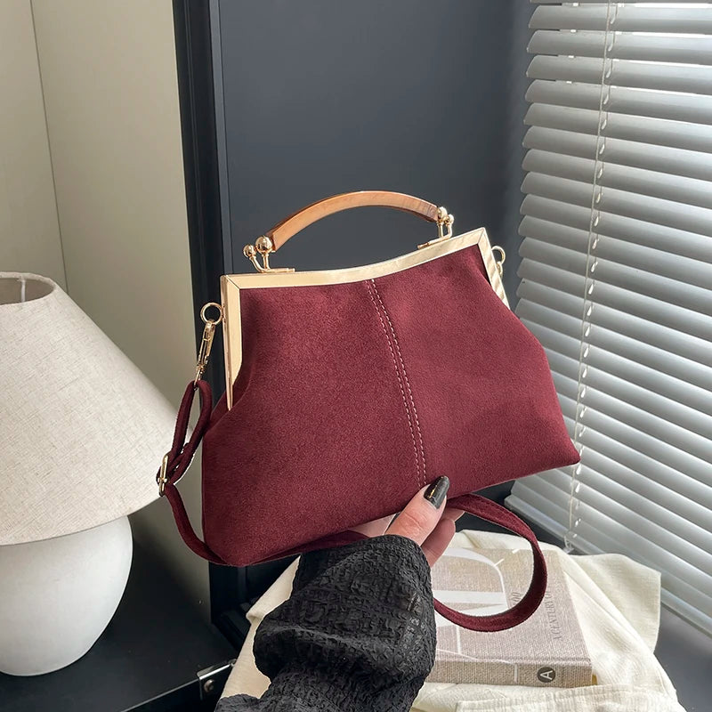 Suede Frame Bag with Wooden Handle for Women – Vintage Retro