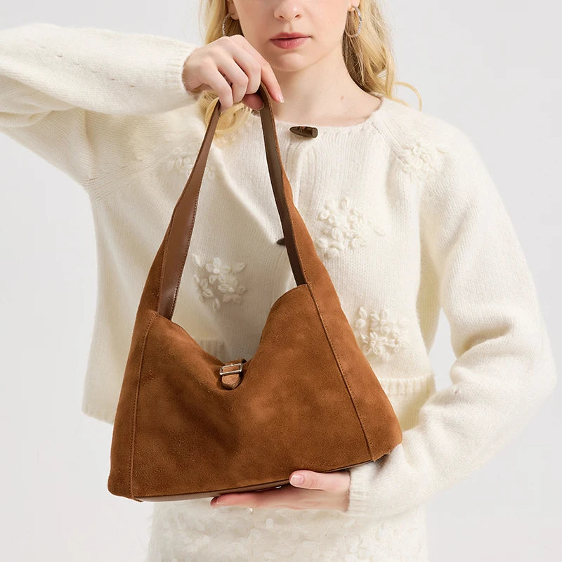 Suede Leather Shoulder Bag for Women – Soft Cowhide Crossbody