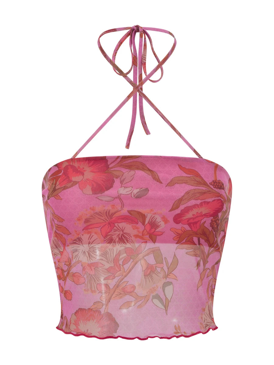 Floral Mesh Halter Crop Top – Women's Y2K Backless Cami