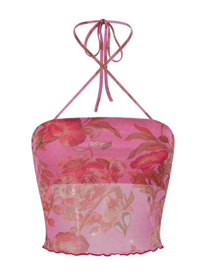 Floral Mesh Halter Crop Top – Women's Y2K Backless Cami