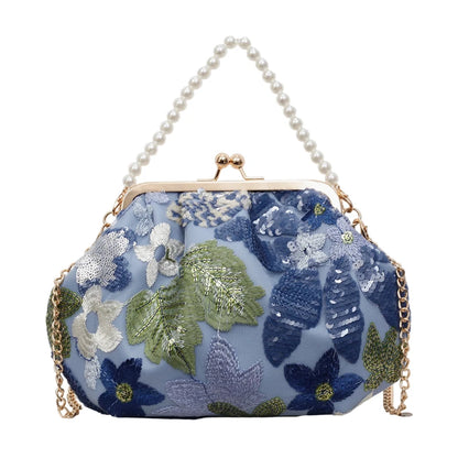 Sequin Floral Embroidered Handbag with Pearl Handle & Chain
