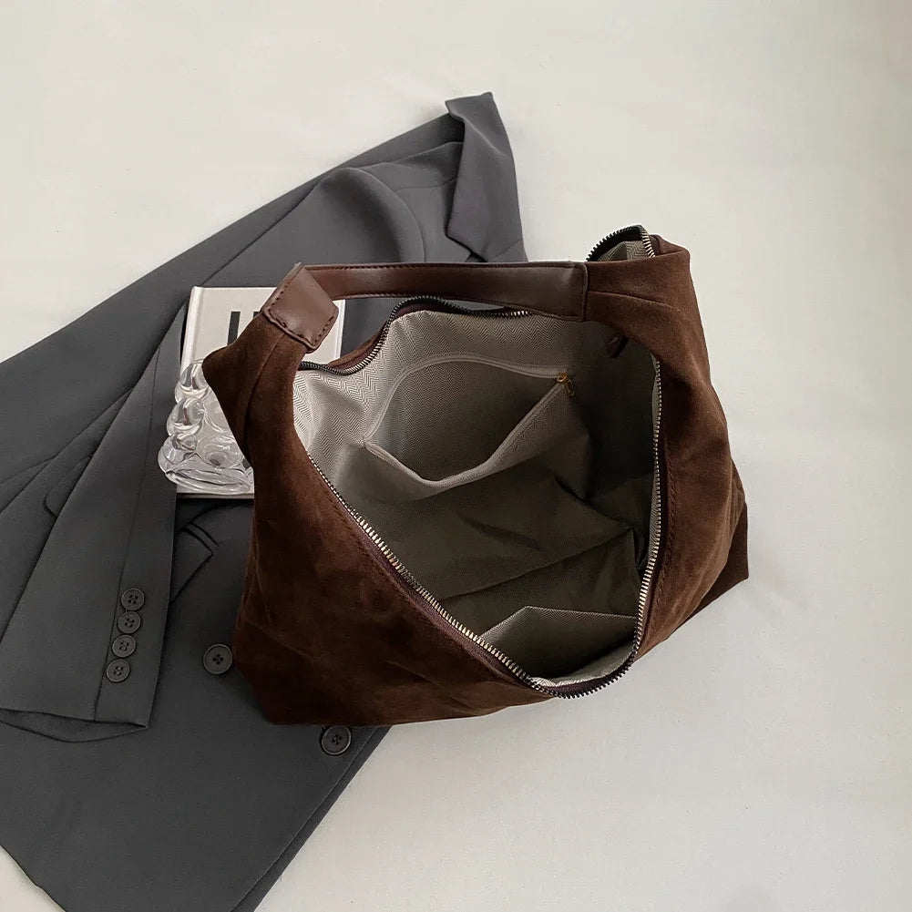 Women Suede Shoulder Bag with Zipper Hobo Bags