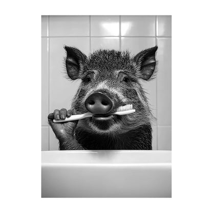 Funny Animal Bathroom Wall Art Poster – Black & White Vintage Print