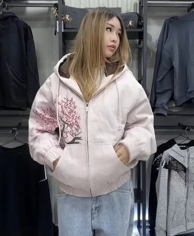 Harajuku Cherry Blossom Zipper Hoodie Jacket – Women's Street Style
