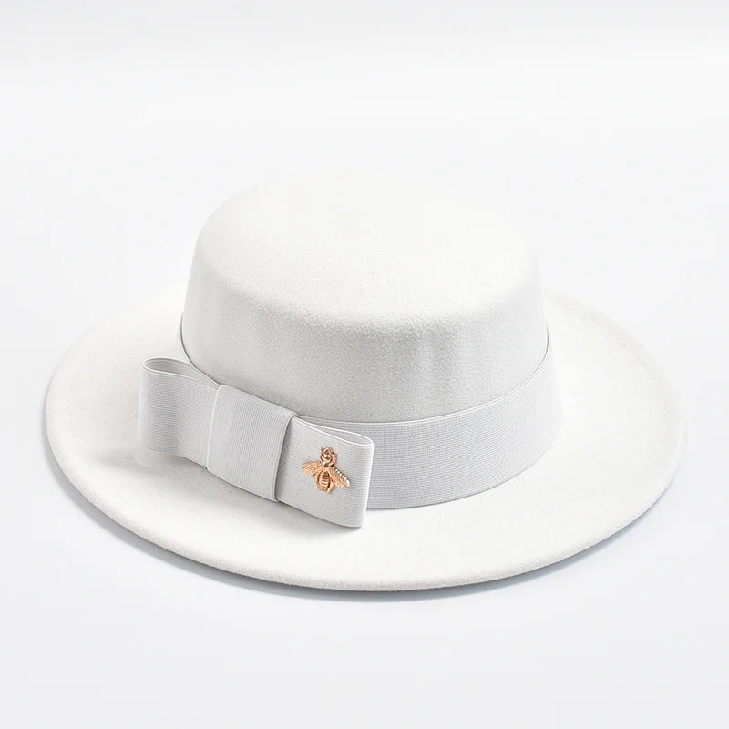 Women's Flat Top Fedora Hat – Bow & Bee Pin, Church & Party