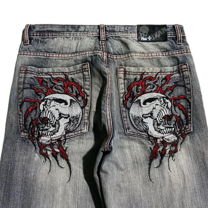 Skull Embroidered Y2K Baggy Jeans – Gothic Streetwear Denim