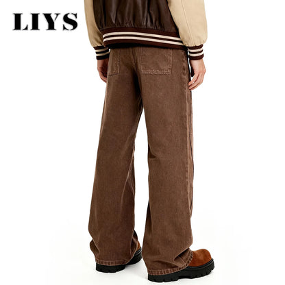 Brown Baggy Wide Leg Jeans – Retro Cartoon Embroidery Loose Denim Pants