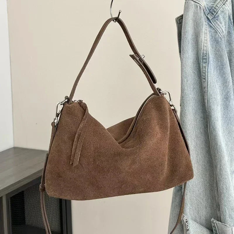 Women's Soft Matte Suede Cowhide Leather Shoulder Bag