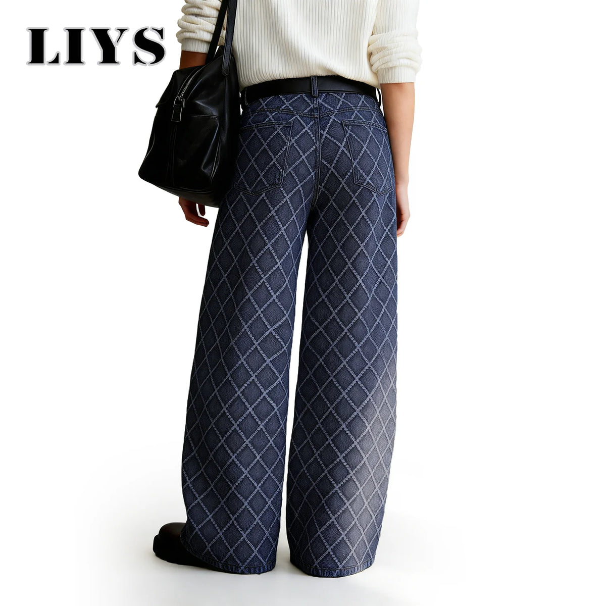 Rhombic Jacquard Baggy Wide Leg Jeans – Korean Retro Blue