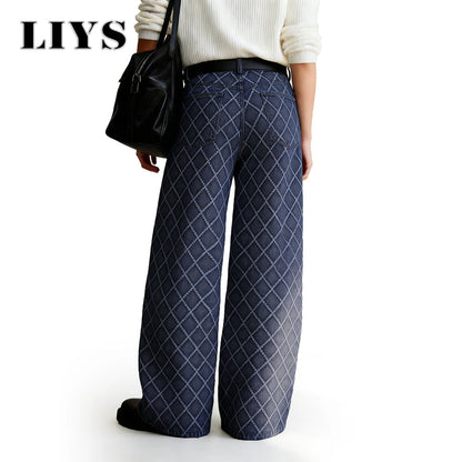 Rhombic Jacquard Baggy Wide Leg Jeans – Korean Retro Blue