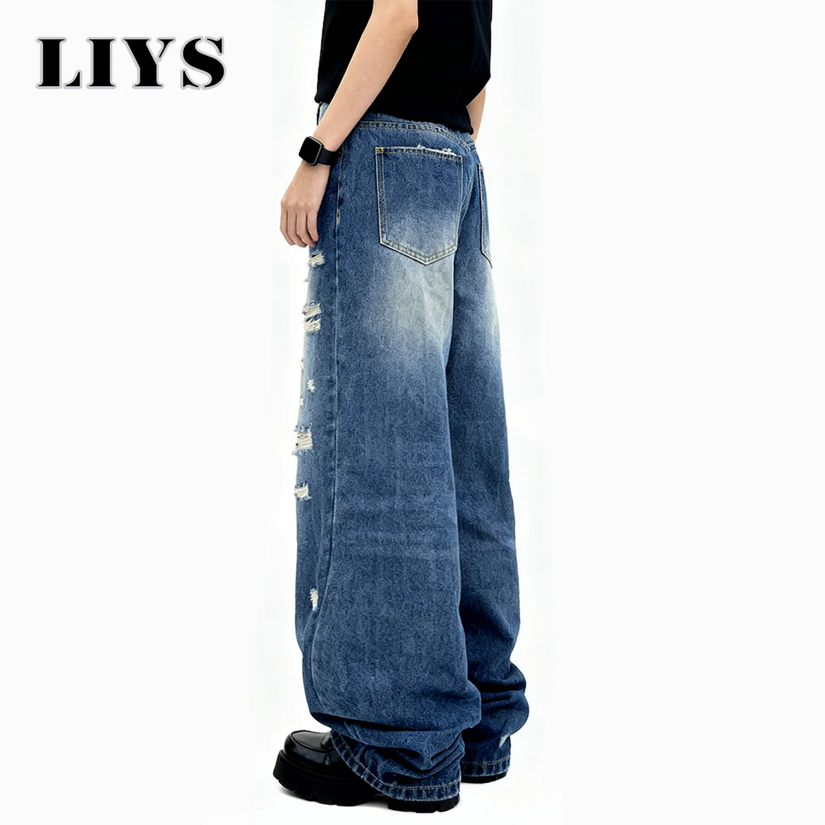 Blue Baggy Ripped Jeans – Men's Retro Goth Street Denim