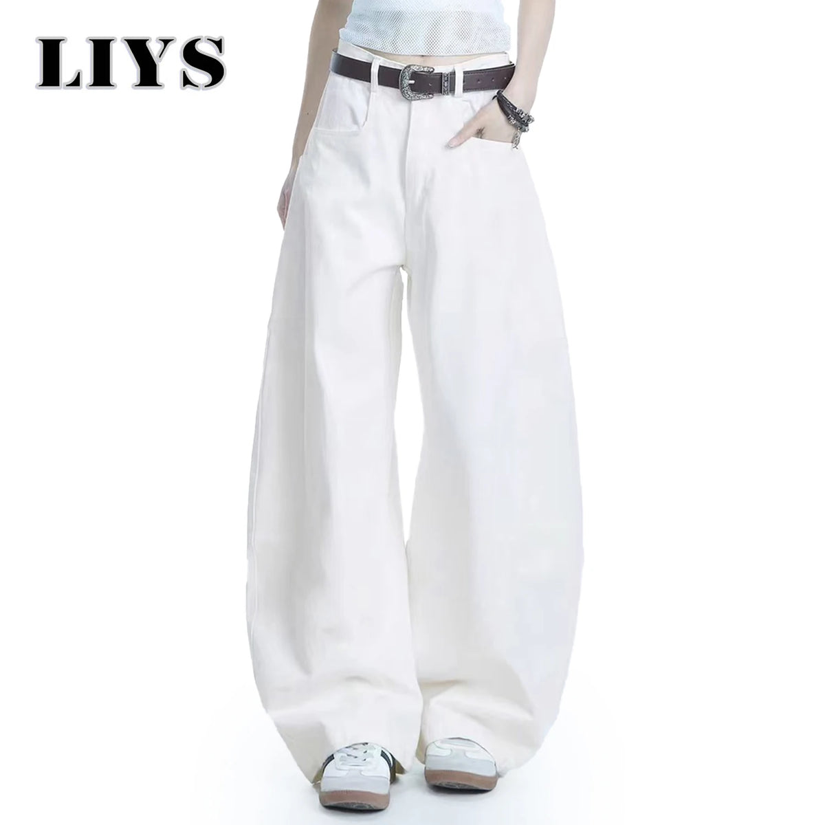 Men S White Baggy Machete Wide-Leg Jeans Daily Casual Denim Pants Solid Business Ladies Balloon