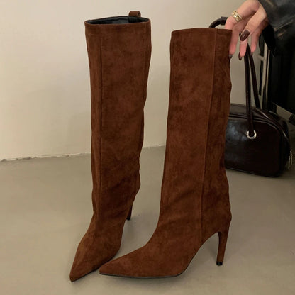 Eilyken Women Knee-High Stiletto Boots – Pointed Toe Suede
