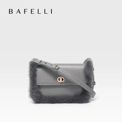Fur Trim Genuine Leather Crossbody Shoulder Bag