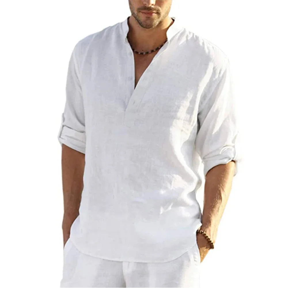 Men's Cotton Linen Long Sleeve Shirt – Casual Loose V-Neck Top S-3XL
