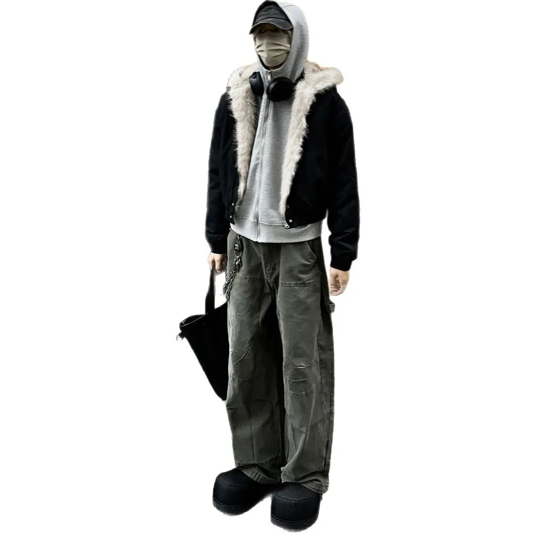 Oversized Lamb Fleece Winter Jacket with Fur Collar Hood