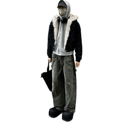 Oversized Lamb Fleece Winter Jacket with Fur Collar Hood