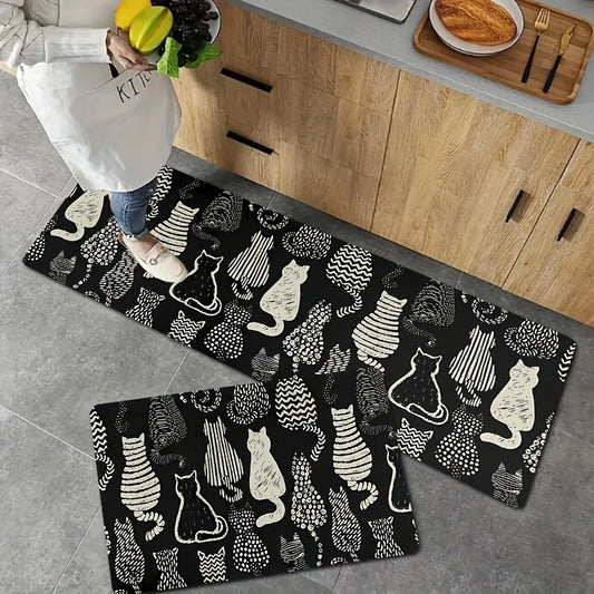Black Cat Kitchen Rug Set of 2 – Non-Slip Washable Floor Mats
