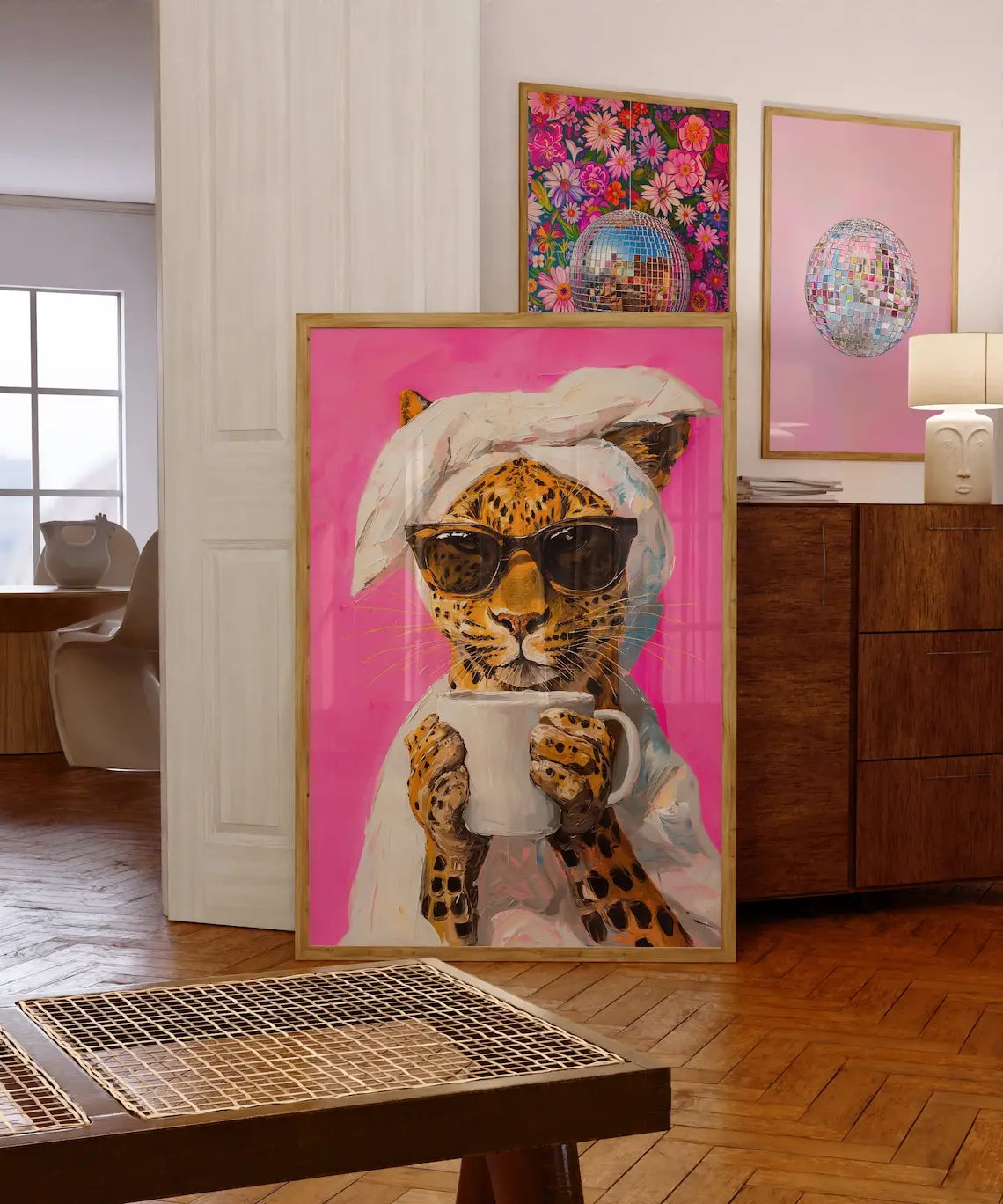 Leopard Drinking Coffee Canvas Wall Art – Maximalist Decor