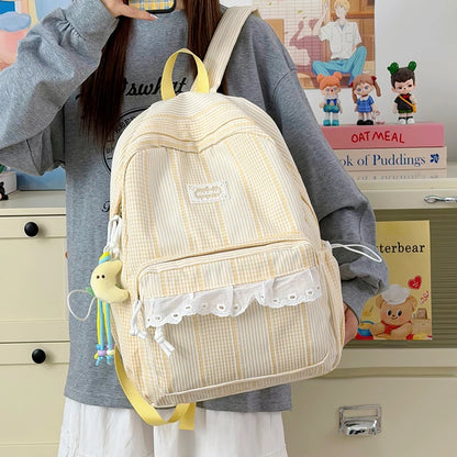 Sweet Style Girls Backpack – Cute Striped School Bag with Doll Charm