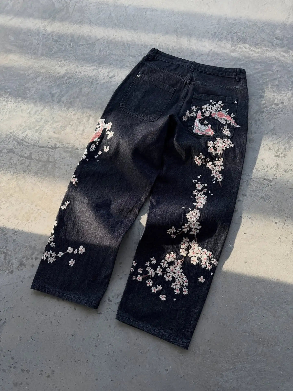 Y2K Embroidered Jeans – Floral Koi Streetwear Denim