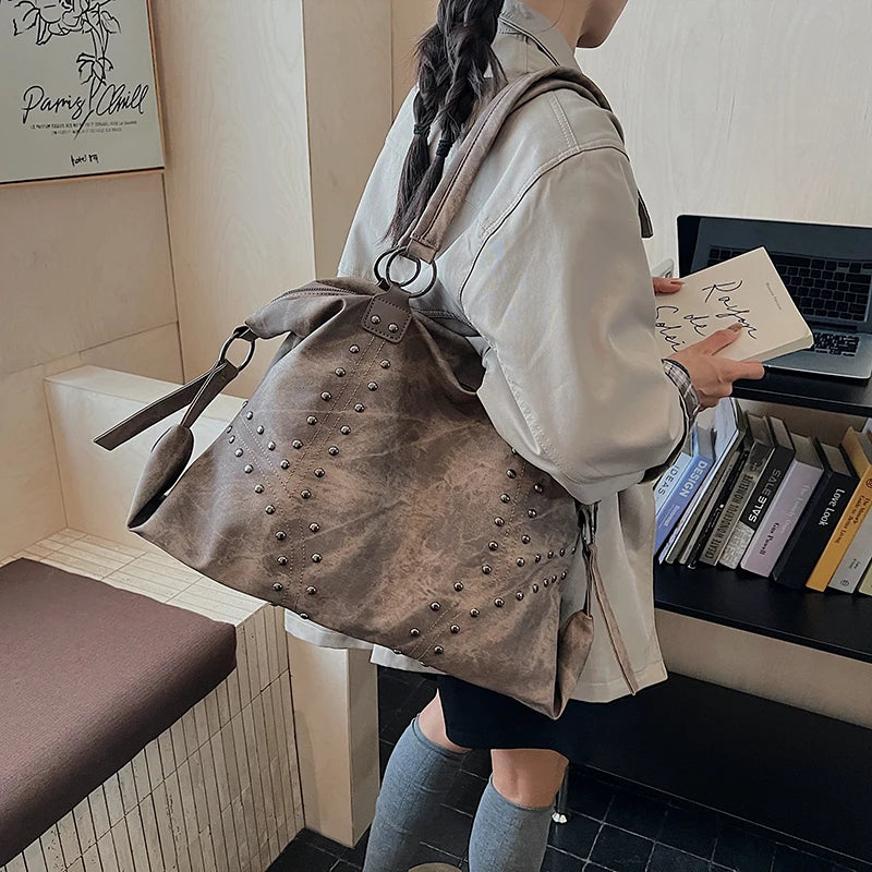 Rivets Large Capacity PU Leather Shoulder Bag