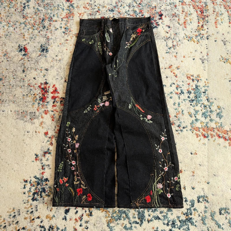 Floral Embroidery Wide Leg Jeans – Y2K Patchwork Unisex Harajuku Hip Hop Denim