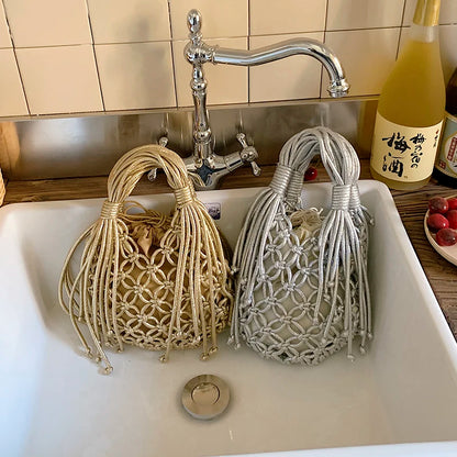 Woven Macrame Bucket Bag – Boho Tassel Handbag for Women
