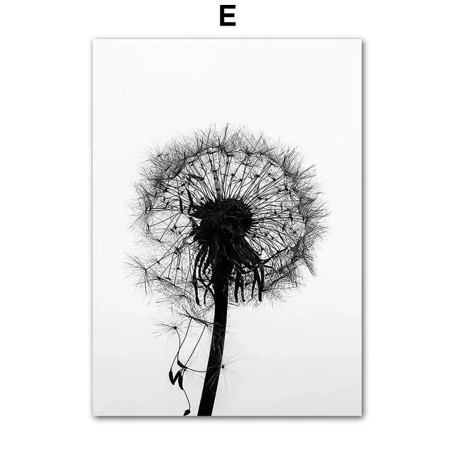 Black & White Floral Wall Art Print – Dandelion & Butterfly Poster