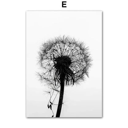 Black & White Floral Wall Art Print – Dandelion & Butterfly Poster