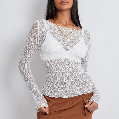 Sheer Lace Top Women Long Sleeve O-Neck Slim Fit Pullover