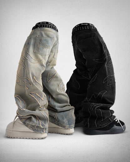 Raw Edge Patchwork Baggy Jeans – Unisex Y2K Hip Hop Streetwear
