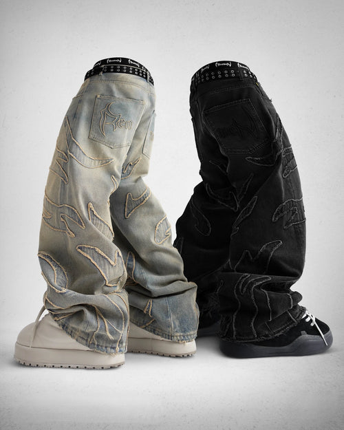 Raw Edge Patchwork Baggy Jeans – Unisex Y2K Hip Hop Streetwear