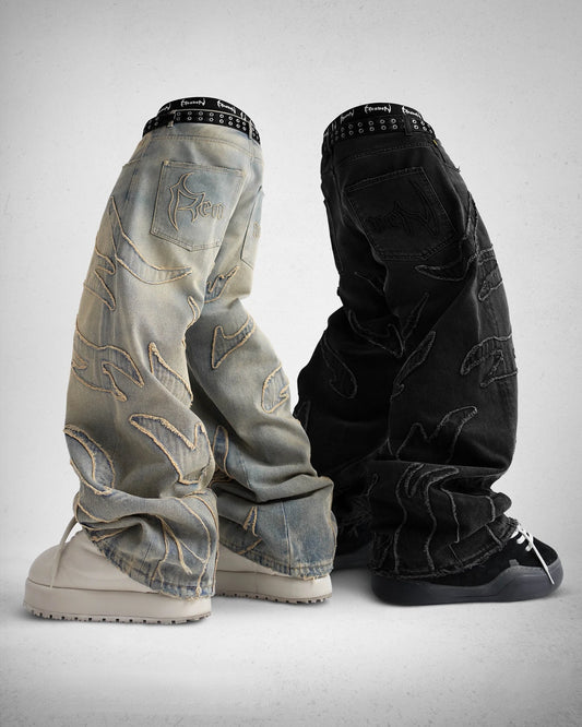 Raw Edge Patchwork Baggy Jeans – Unisex Y2K Hip Hop Streetwear