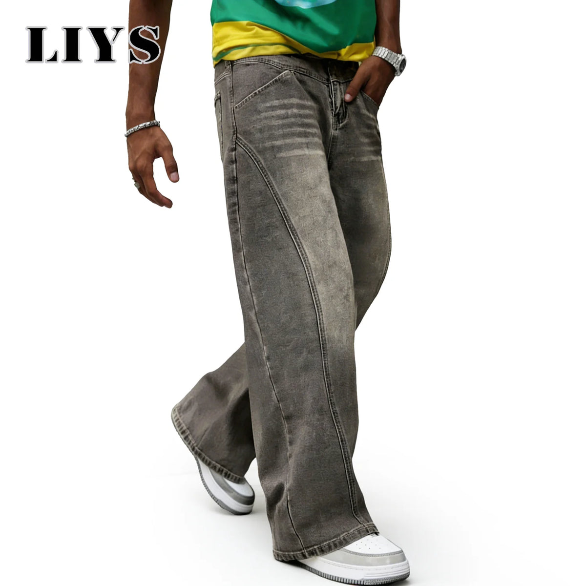 Men's Washed Baggy Wide Leg Jeans – Vintage Gray Spliced Denim