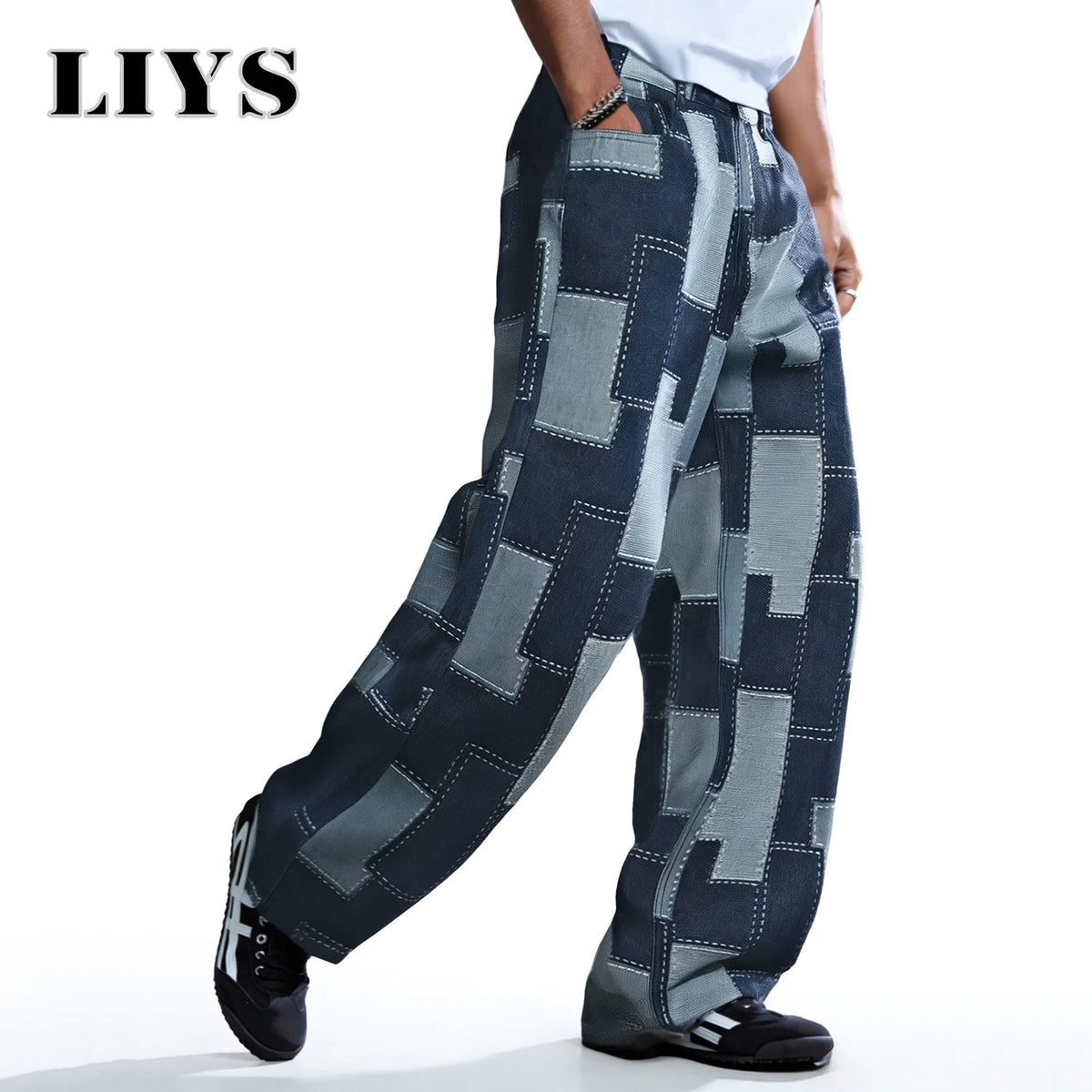 Pixel Pattern Wide Leg Baggy Jeans – Men's Street Denim Pants