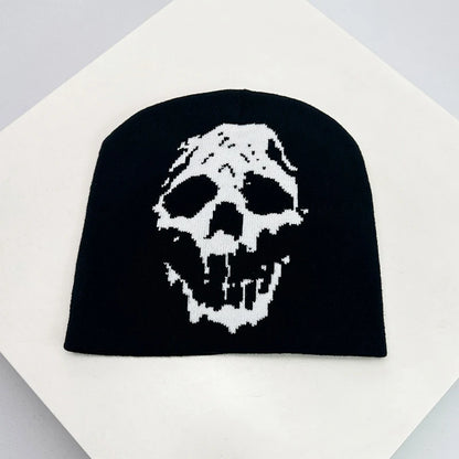 Skull Print Knit Beanie – Color Block Warm Winter Hat Punk Style